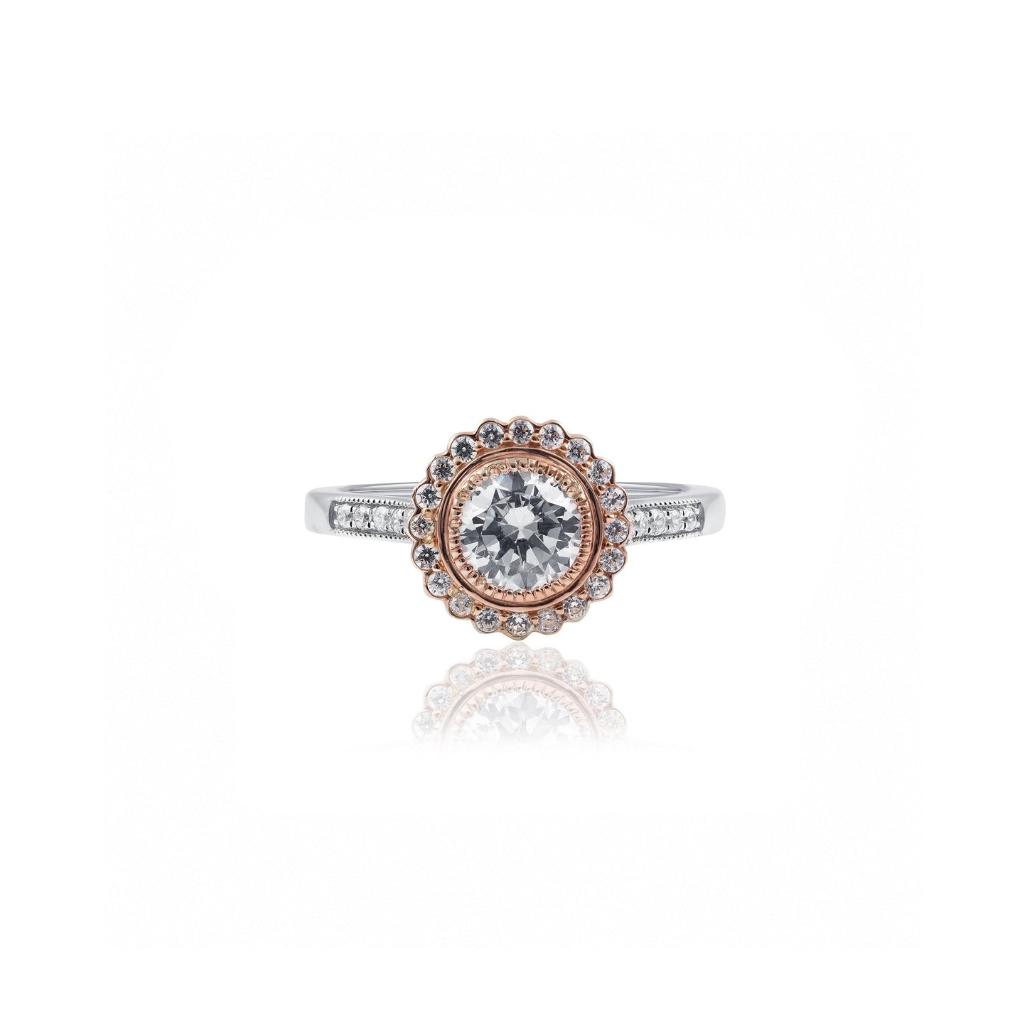 18ct Rose & White Gold Art Deco Milgrain Halo Diamond Engagement Ring