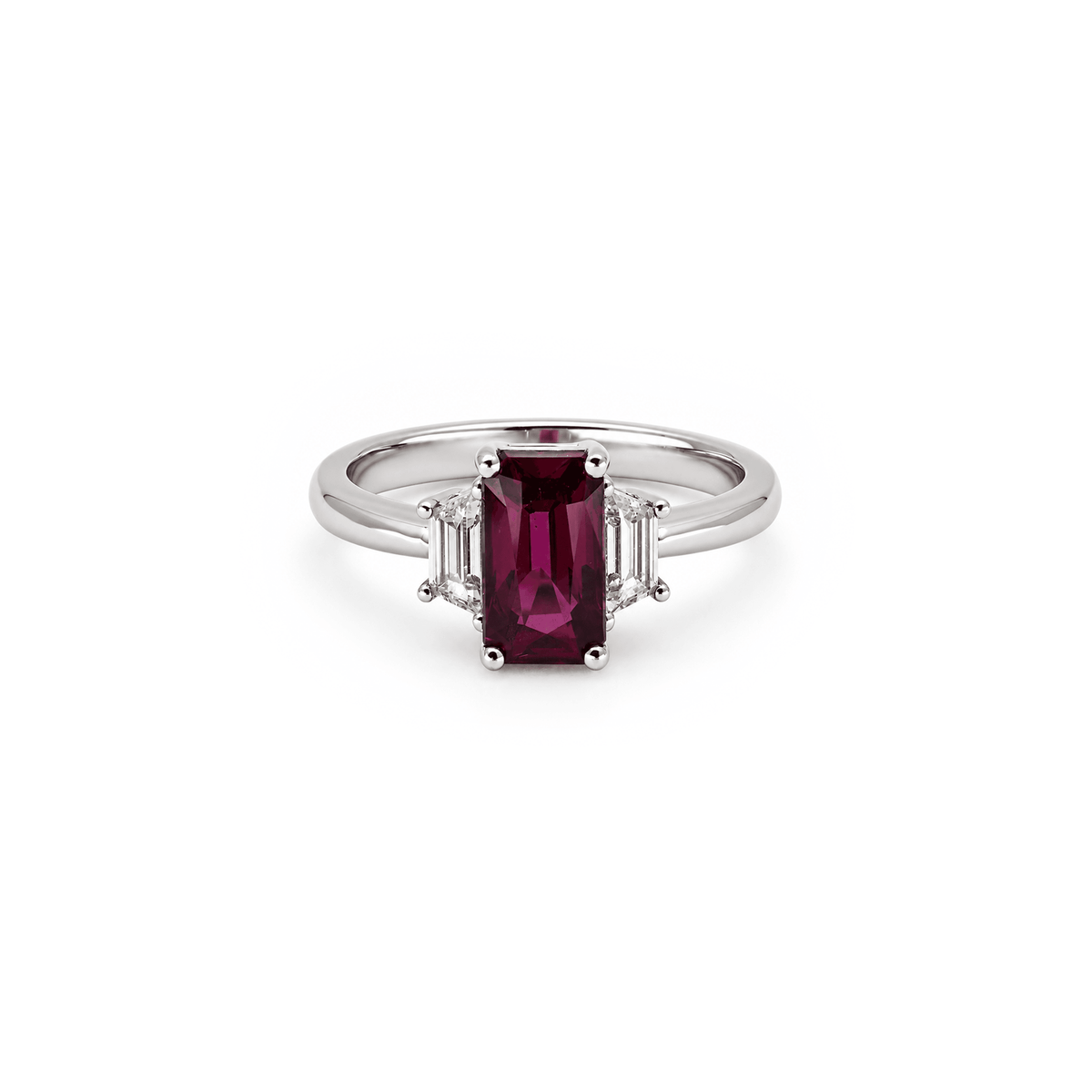 2.09ct Emerald Cut Ruby & Trapezoid Diamond Trilogy Ring