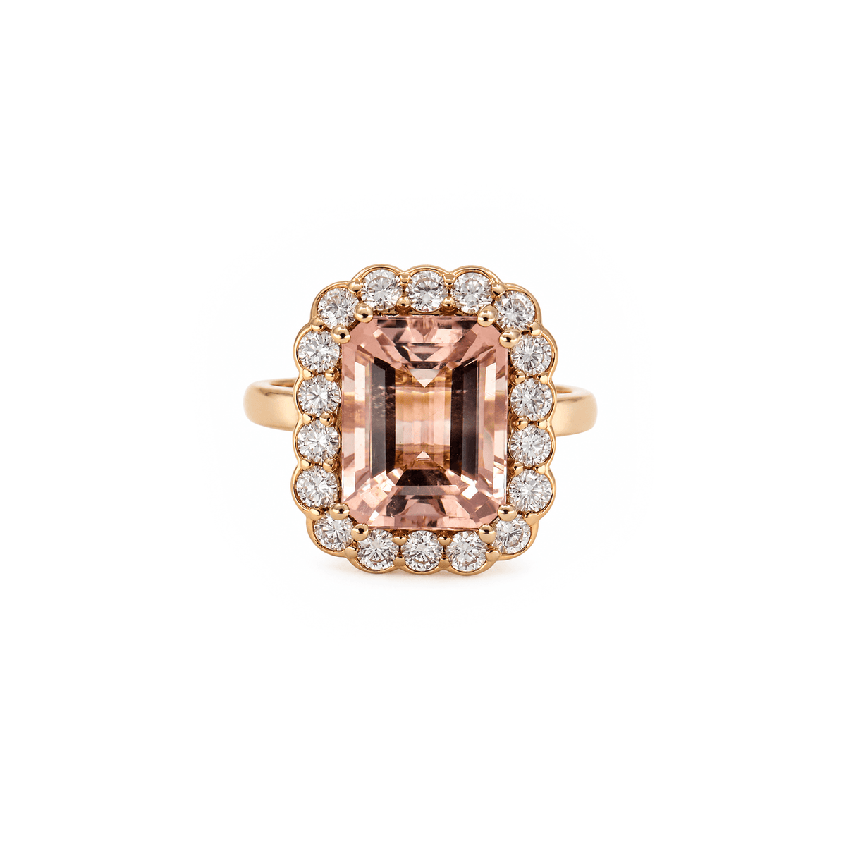 8ct Emerald Cut Morganite & Diamond Halo Ring