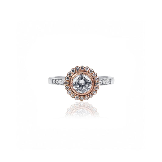 18ct Rose & White Gold Art Deco Milgrain Halo Diamond Engagement Ring