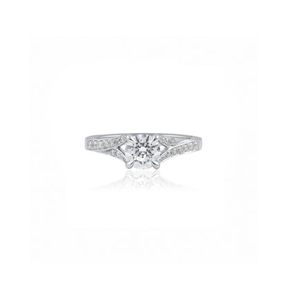 18ct White Gold Swept Split Shank Engagement Ring with Hidden Halo