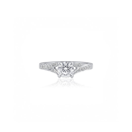 18ct White Gold Swept Split Shank Engagement Ring with Hidden Halo