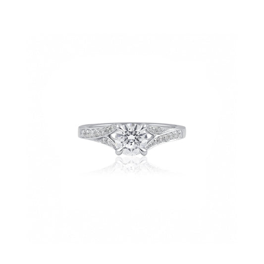 18ct White Gold Swept Split Shank Engagement Ring with Hidden Halo