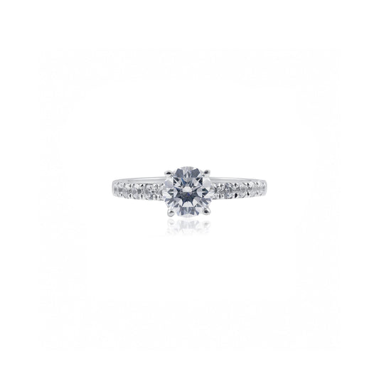 Platinum Round Diamond Solitaire Engagement Ring with Pavé Band