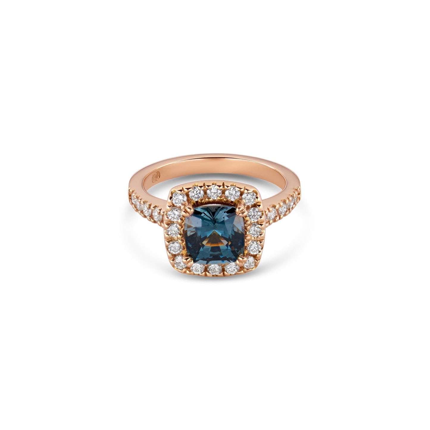 Rose Gold Cushion Cut Grey Spinel Halo Ring with Diamond Pavé Band