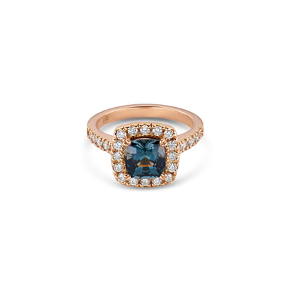 Rose Gold Cushion Cut Grey Spinel Halo Ring with Diamond Pavé Band