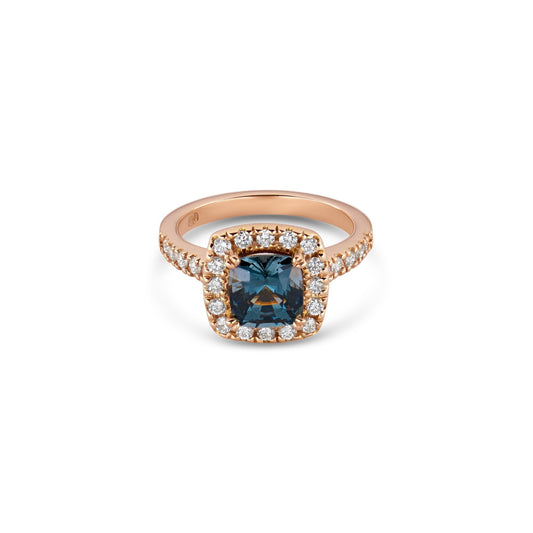 Rose Gold Cushion Cut Grey Spinel Halo Ring with Diamond Pavé Band