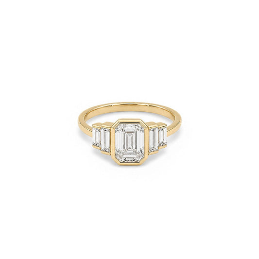 Emerald & Baguette  Bezel Set Five-Stone Diamond Ring