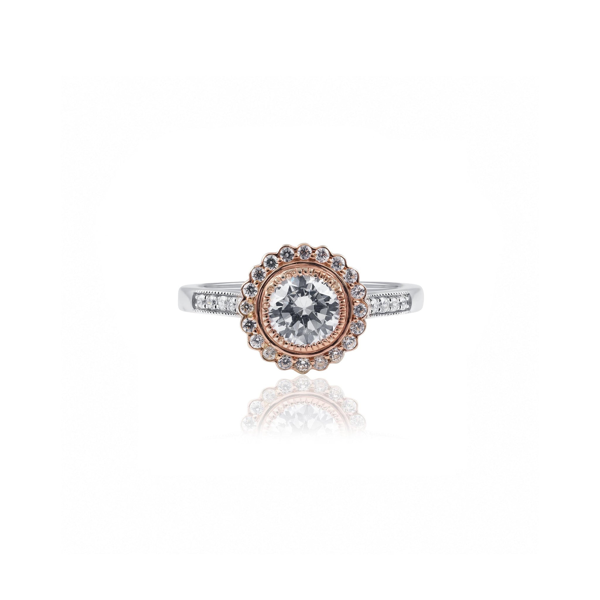 18ct Rose & White Gold Art Deco Milgrain Halo Diamond Engagement Ring