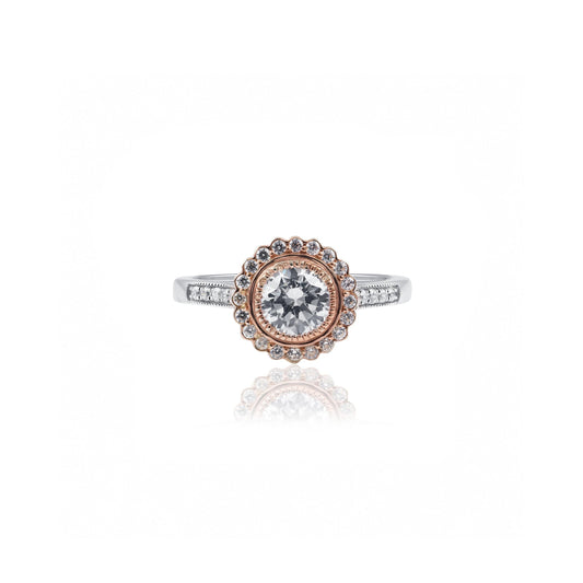 18ct Rose & White Gold Art Deco Milgrain Halo Diamond Engagement Ring