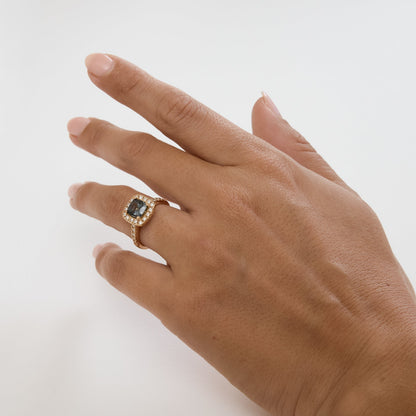 Rose Gold Cushion Cut Grey Spinel Halo Ring with Diamond Pavé Band