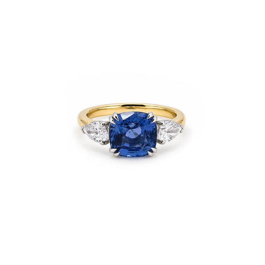 4.66ct Cushion Cut Ceylon Sapphire & Pear Diamond Trilogy Ring
