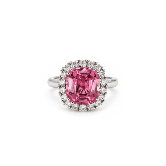 4.77ct Cushion Cut Pink Tourmaline & Diamond Halo Ring