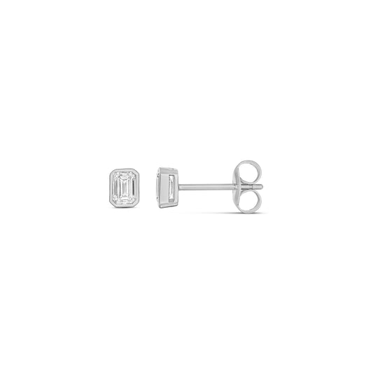 9ct White Gold Emerald Cut Bezel Set Diamond Stud Earrings