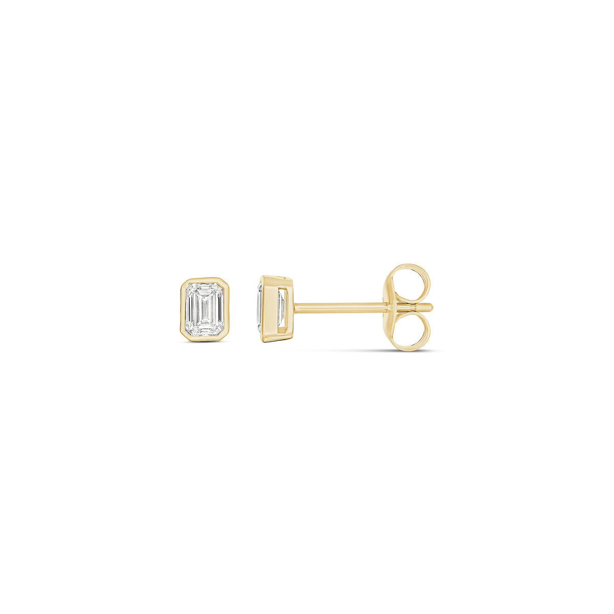 9ct Yellow Gold Emerald Cut Bezel Set Diamond Stud Earrings