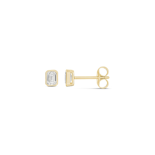 9ct Yellow Gold Emerald Cut Bezel Set Diamond Stud Earrings