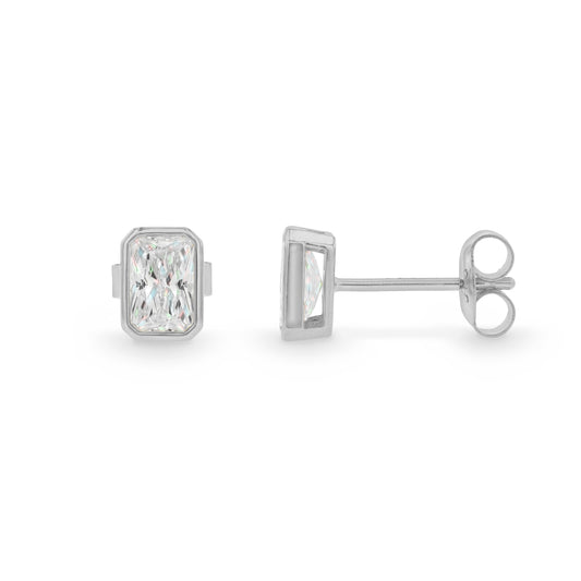 Sculpted 9CT White Gold Emerald Cut Cubic Zirconia Stud Earrings