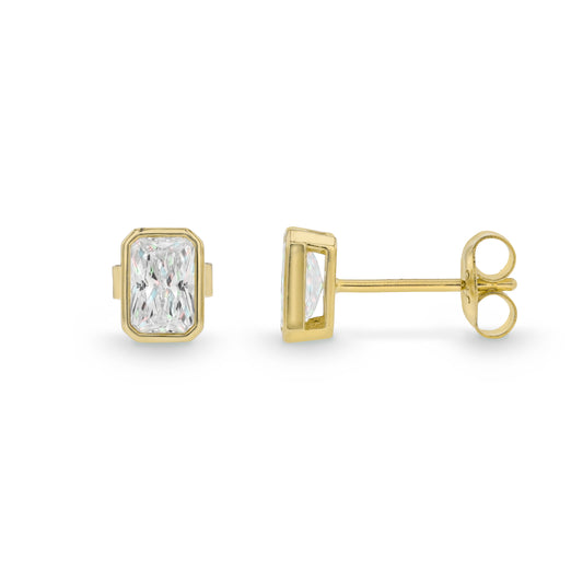 Sculpted 9CT Yellow Gold Cubic Zirconia Emerald Cut Stud Earrings