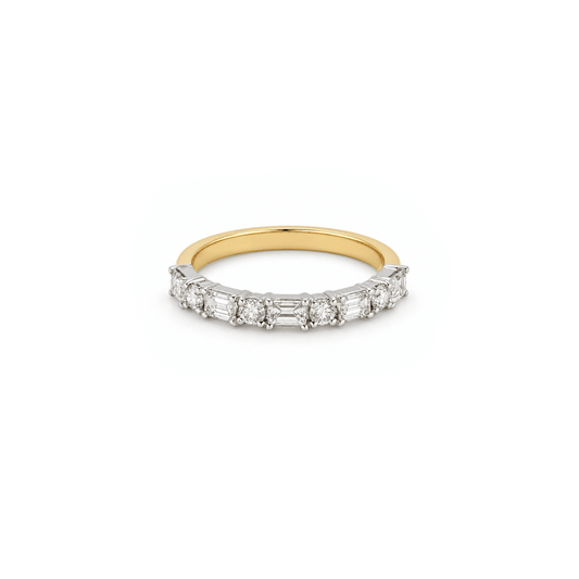 East-West Emerald & Round Diamond Ring