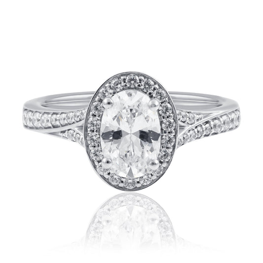 Platinum Pear Lab Grown Diamond Halo Engagement Ring with a Split Band