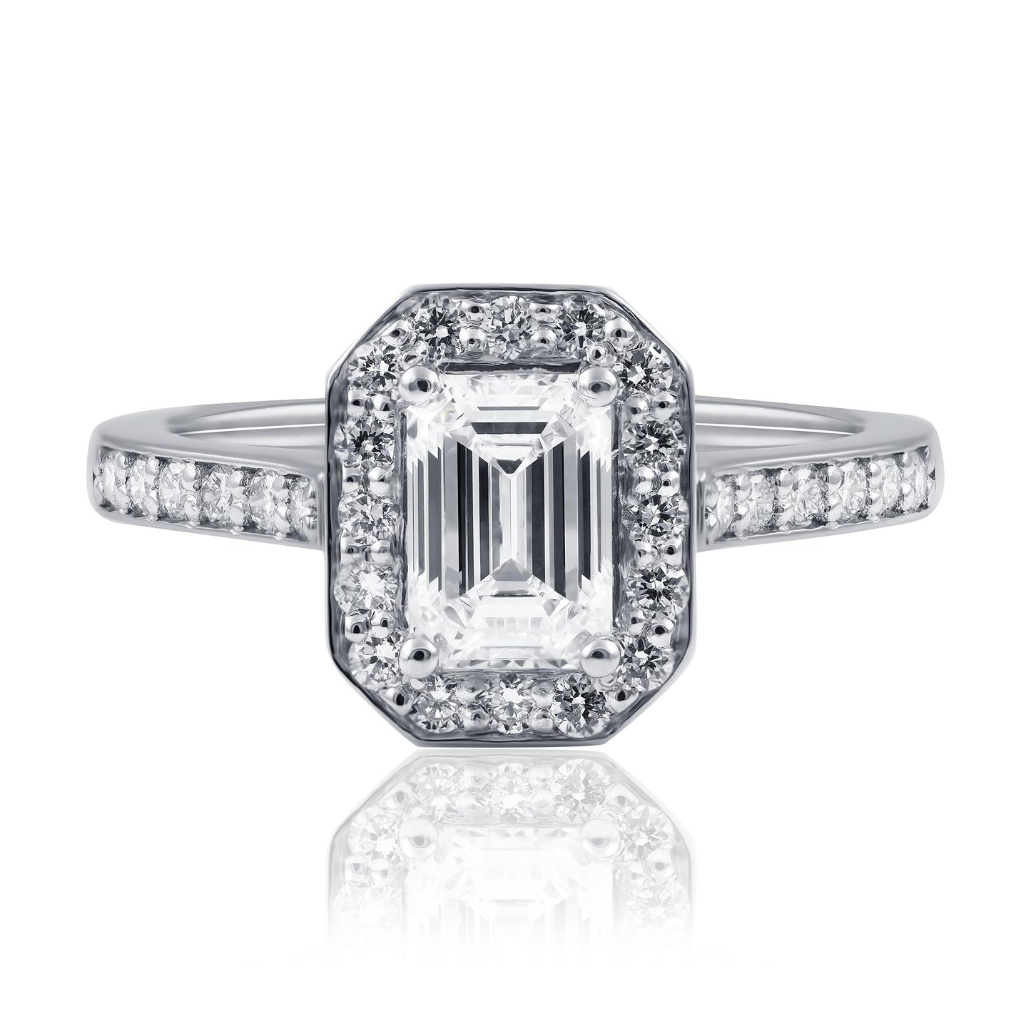 Platinum Emerald Cut Halo Diamond Engagement Ring