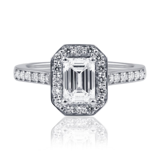 Platinum Emerald Cut Halo Diamond Engagement Ring