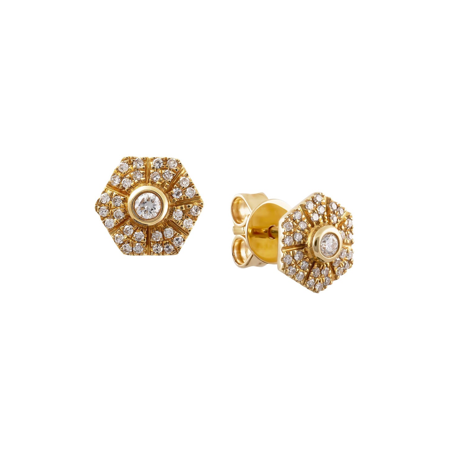 Yellow Gold Diamond Hexagon Stud Earrings