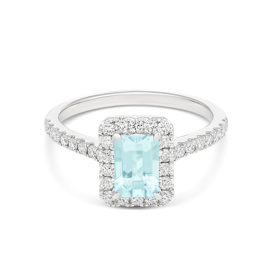 Natural Aquamarine & Diamond Halo Ring in 9CT White Gold