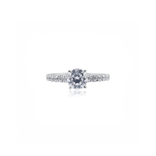 Platinum Round Diamond Solitaire Engagement Ring with Pavé Band