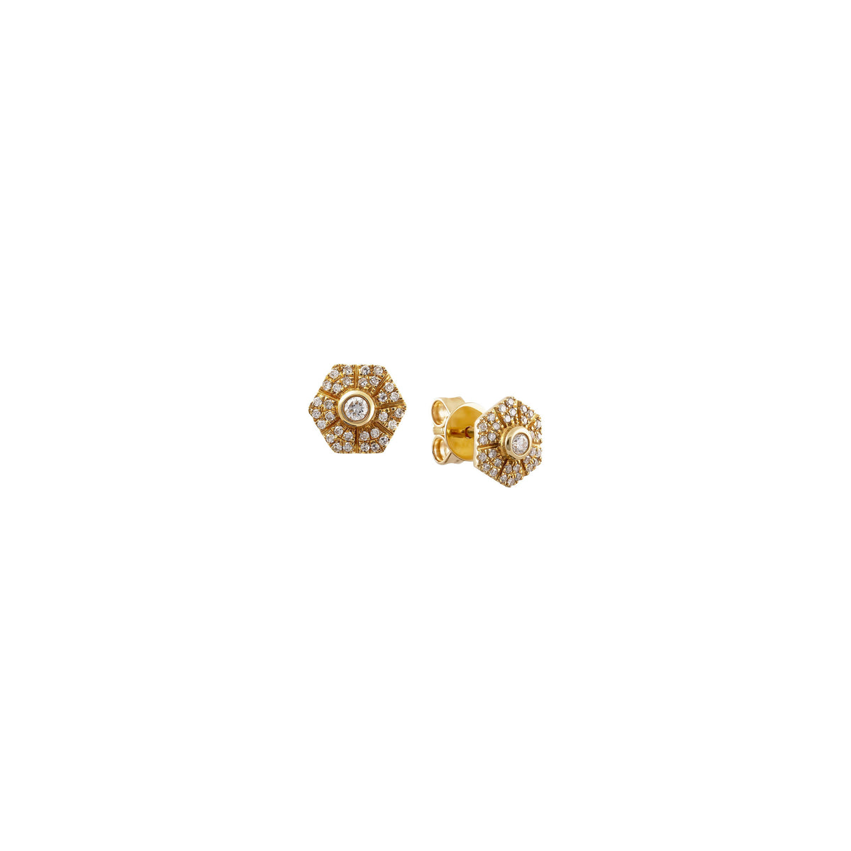 Yellow Gold Art Deco Inspired Hexagon Diamond Stud Earrings