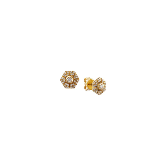 Yellow Gold Art Deco Inspired Hexagon Diamond Stud Earrings