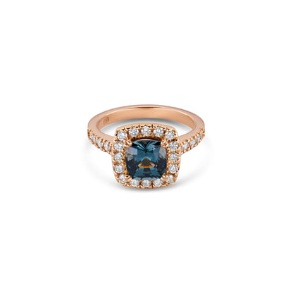 Rose Gold Cushion Cut Grey Spinel Halo Ring with Diamond Pavé Band