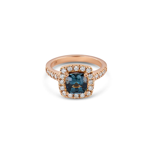 Rose Gold Cushion Cut Grey Spinel Halo Ring with Diamond Pavé Band