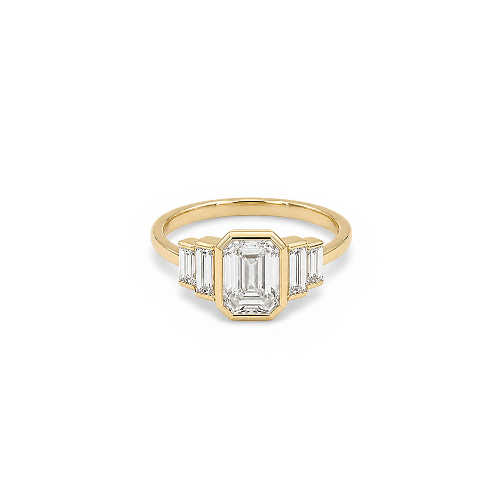 Emerald & Baguette  Bezel Set Five-Stone Diamond Ring