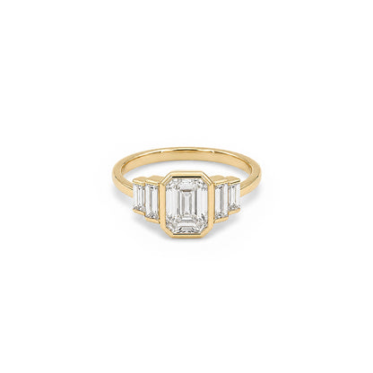 Emerald & Baguette  Bezel Set Five-Stone Diamond Ring